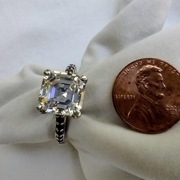 Sterling Silver & Cushion Cut CZ Stone Ring with Red Stone Pave Accent / Size 8 - Picture 3 of 8